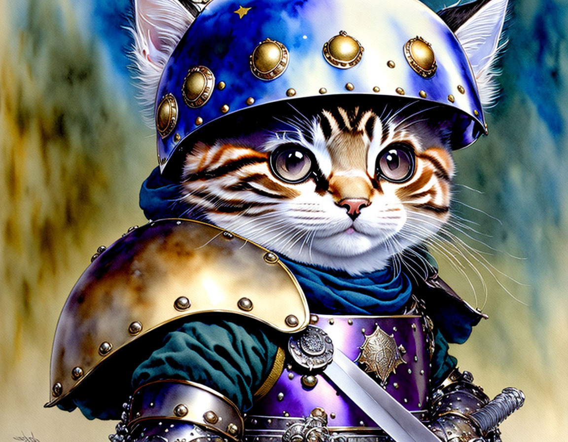 Detailed Medieval Knight Armor Cat Illustration on Soft Background