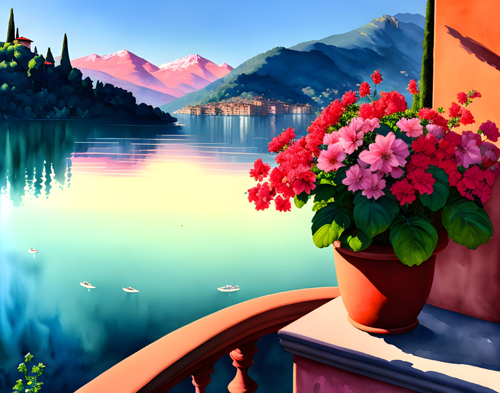 Scenic lakeside view with pink flowers, calm lake, colorful hills, and clear sky