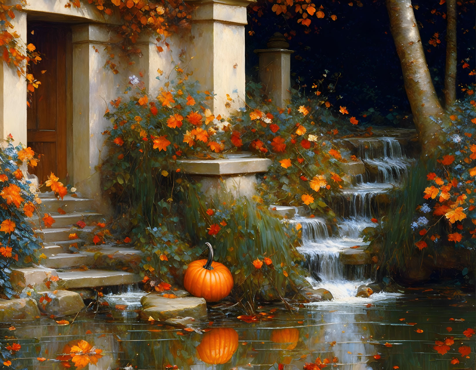 Autumn waterfall with stone staircase, pumpkin, flowers, and rustic door.