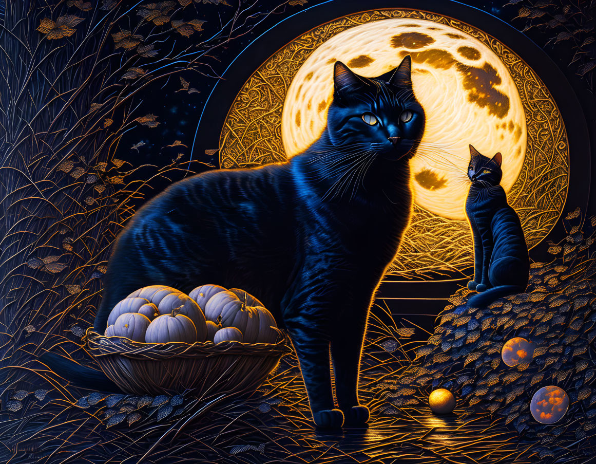 Mystical night scene with two black cats, full moon, pumpkins, and autumnal leaves