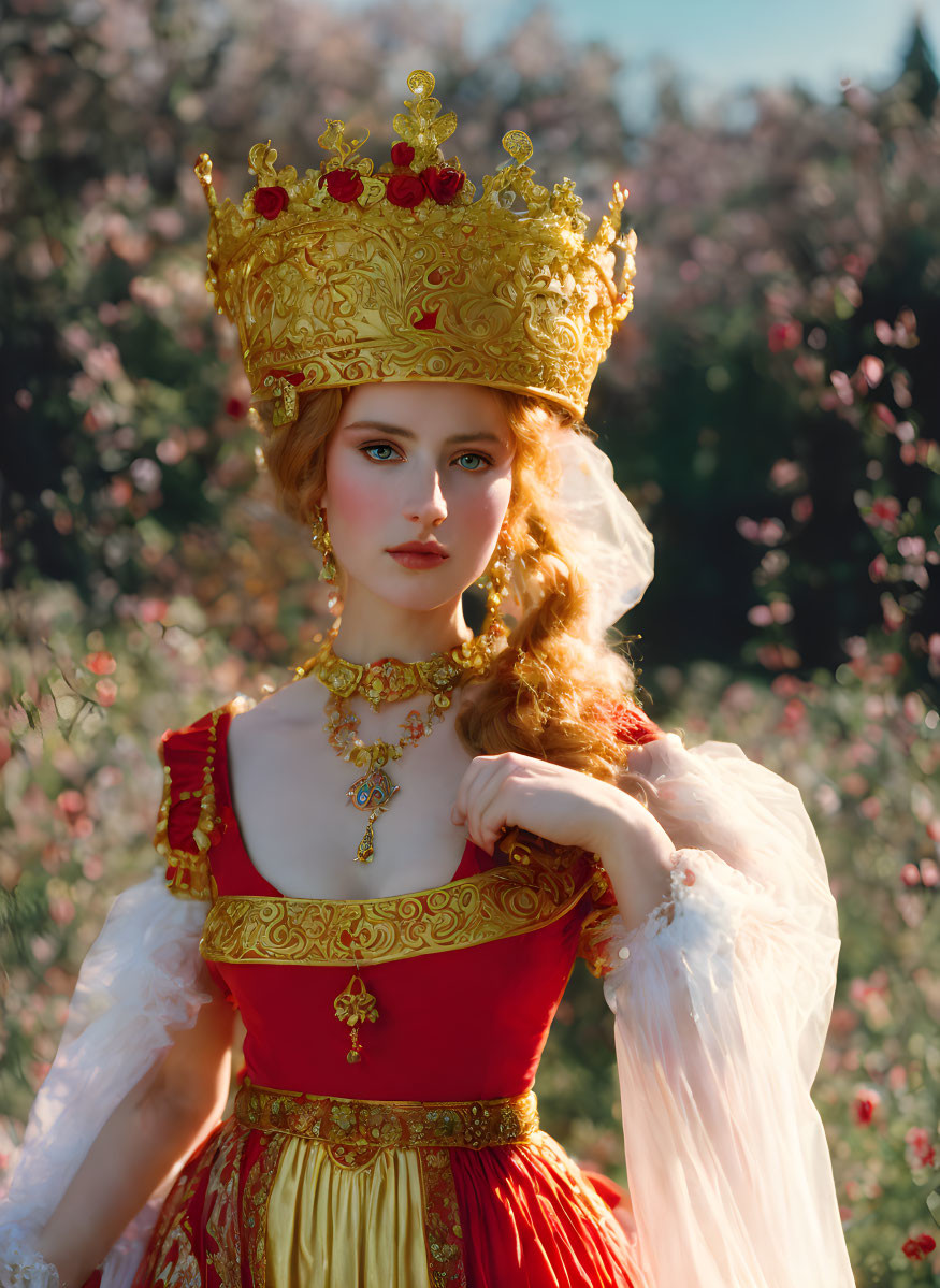 Regal woman in Renaissance attire with golden crown among blossoming trees