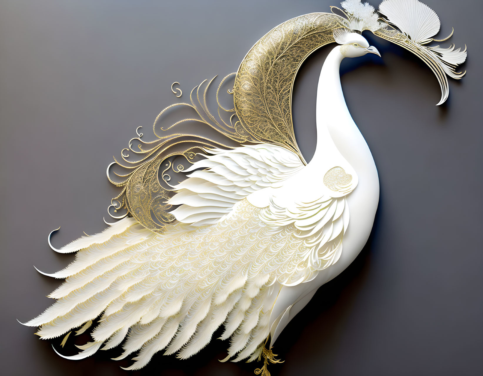 Majestic swan illustration with elaborate white to gold feathers & intricate patterns