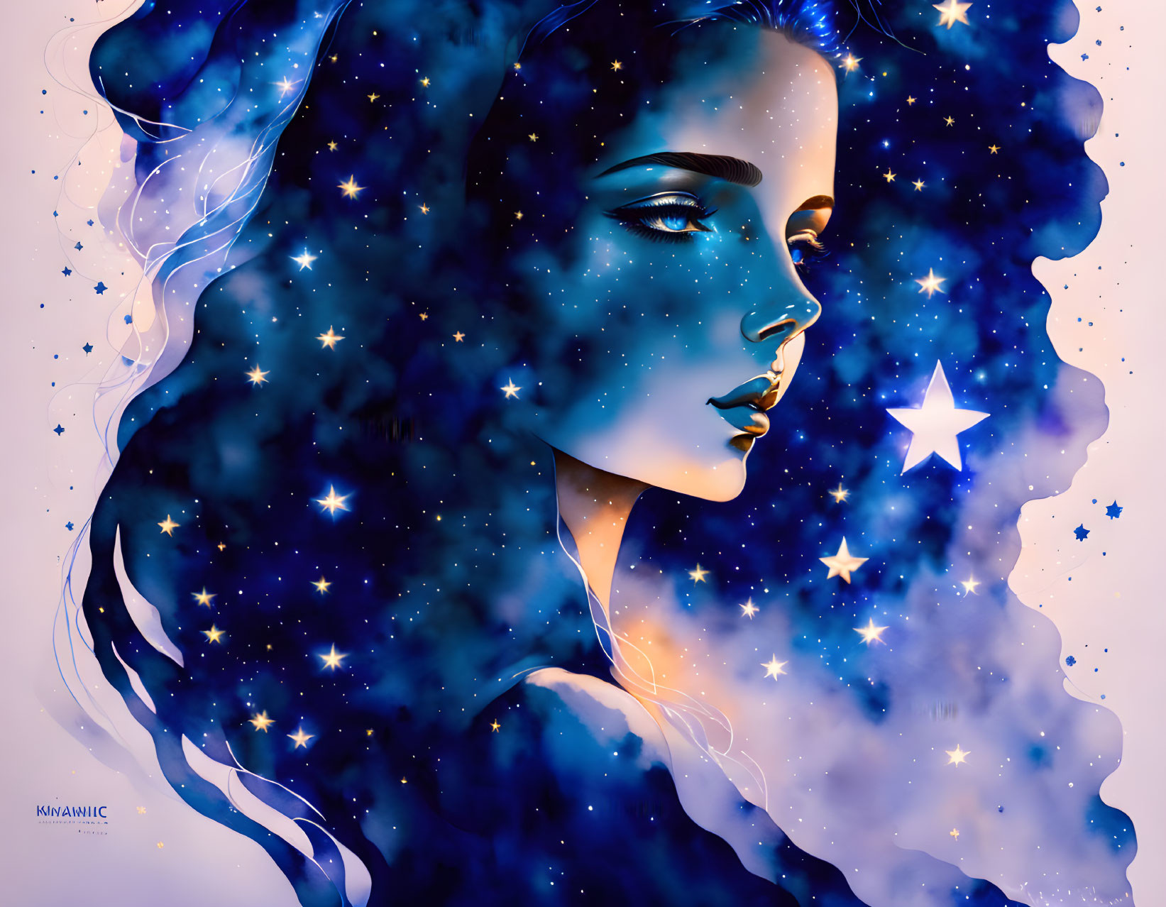 Woman's side profile merging with starry night sky, hair blending into cosmic scene.