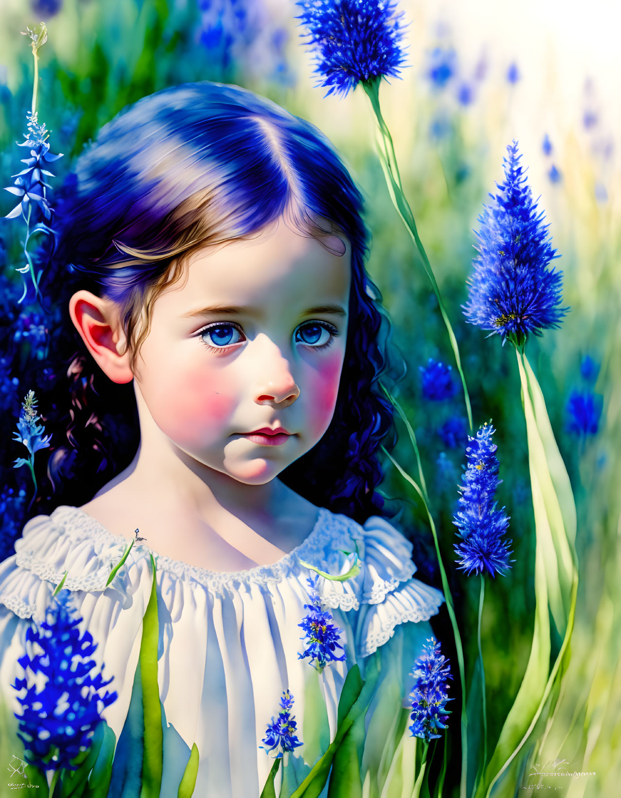 Young girl with rosy cheeks surrounded by blue flowers and green foliage