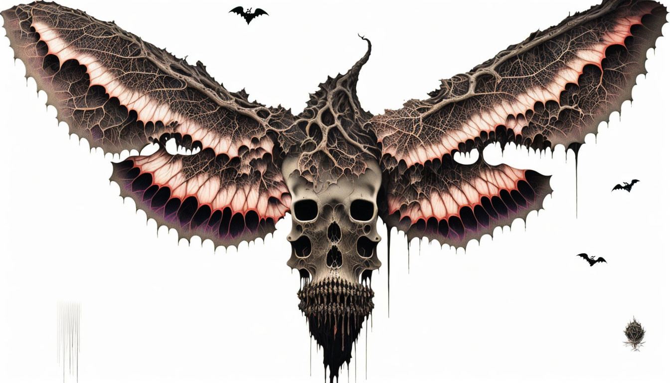 Skull with bat-like wings and flying bats on white background