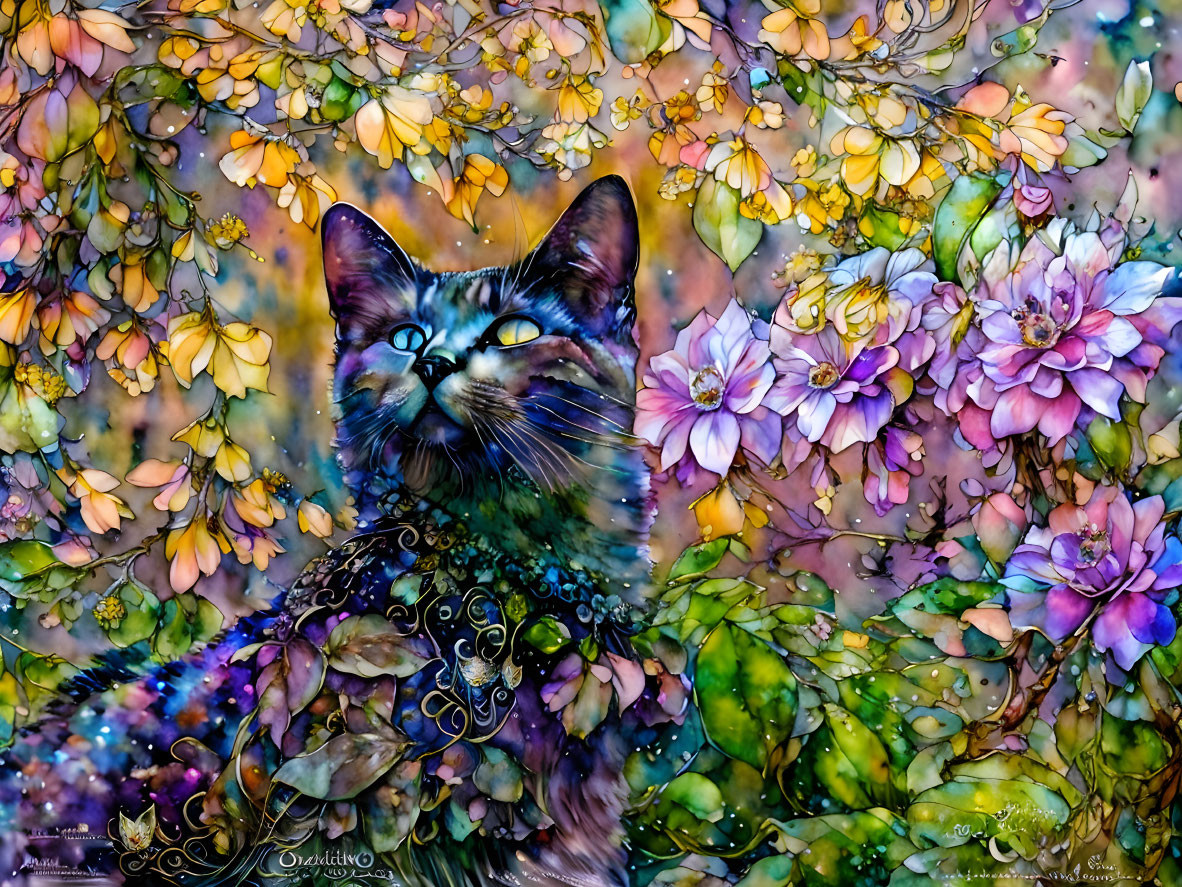 Vibrant Cat Artwork with Autumn Leaves and Floral Patterns