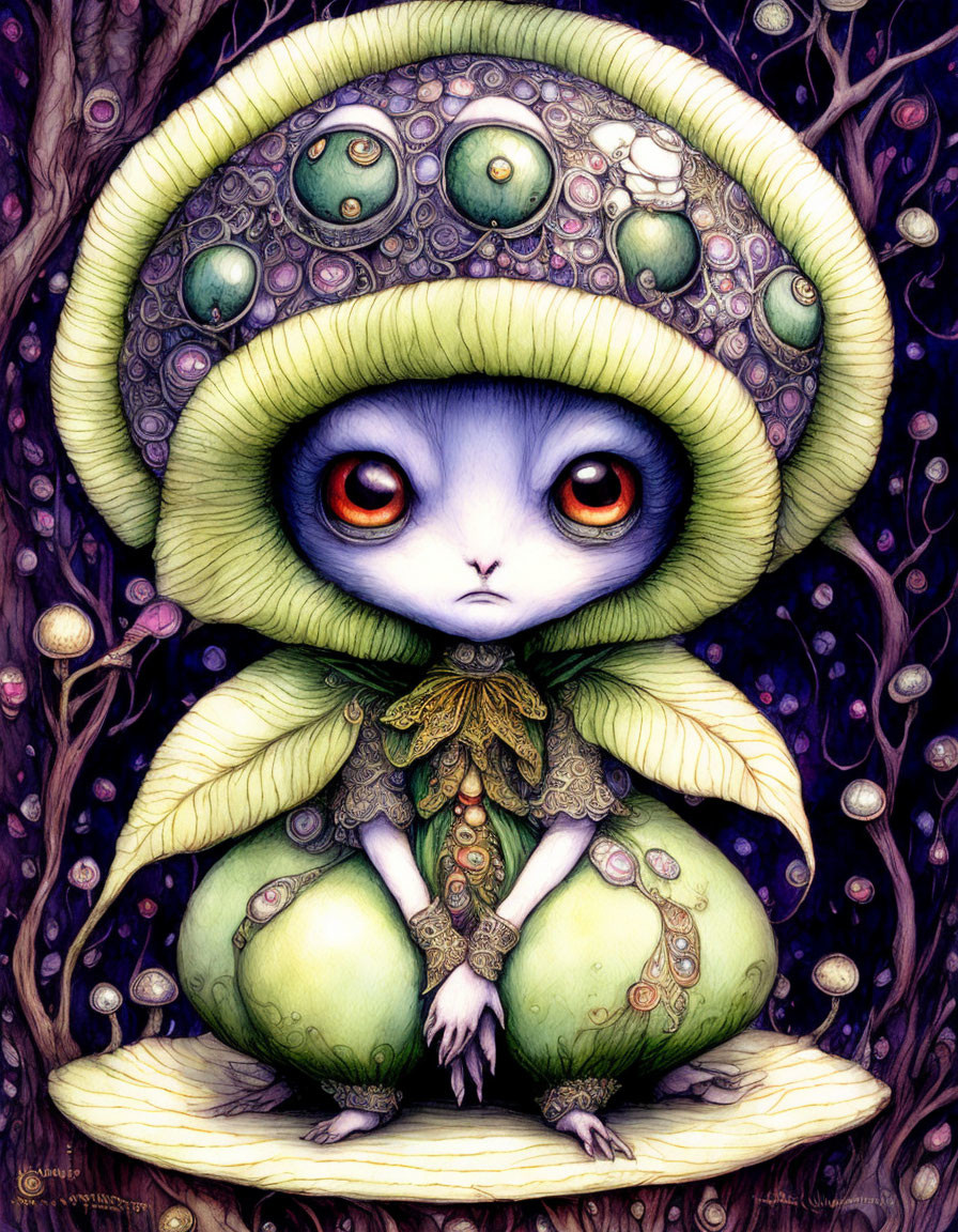 Illustration of whimsical creature with large red eyes in green outfit among purple flora