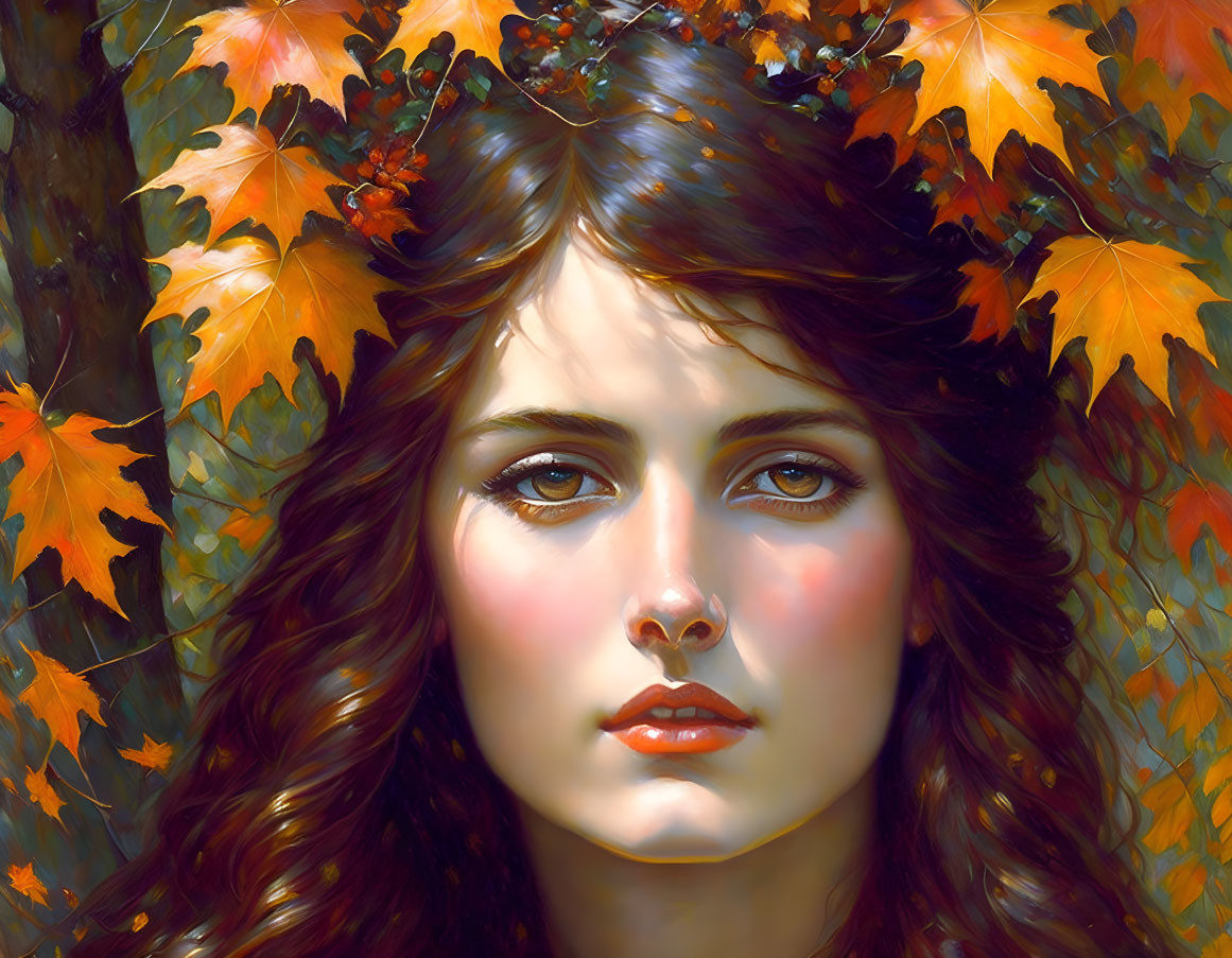 Woman portrait with autumn leaves in hair and hazel eyes in fall foliage