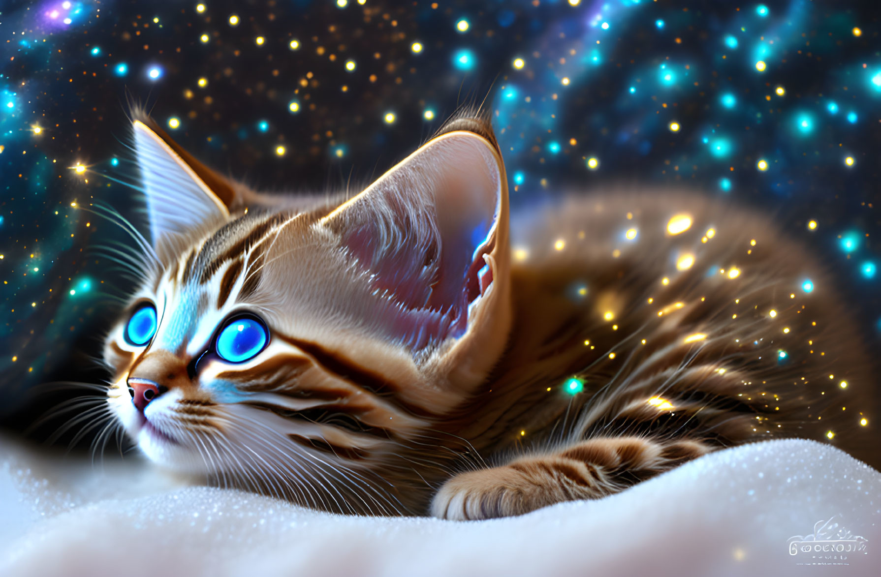 Wide-eyed kitten on soft surface with cosmic star-filled background