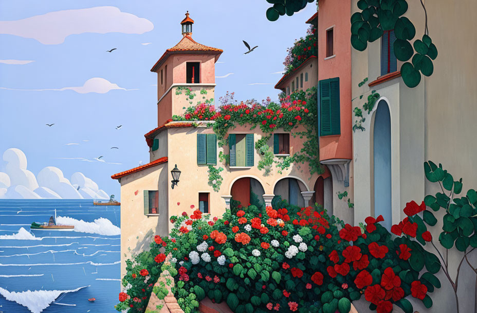 Vibrant Mediterranean coastal scene with flowers, villa, sea, and birds.