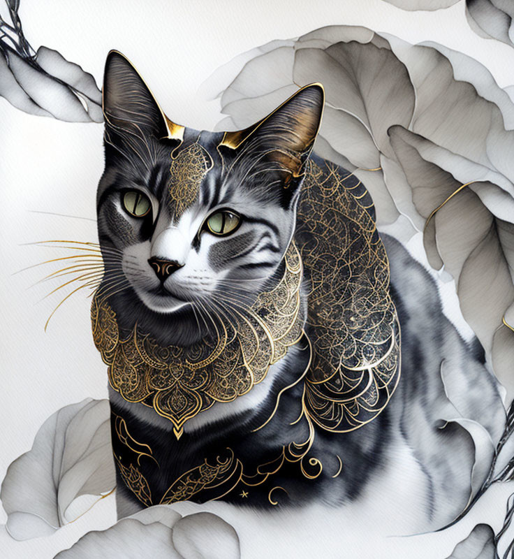 Detailed Illustration: Cat with Gold Patterns on Fur & Monochrome Floral Background