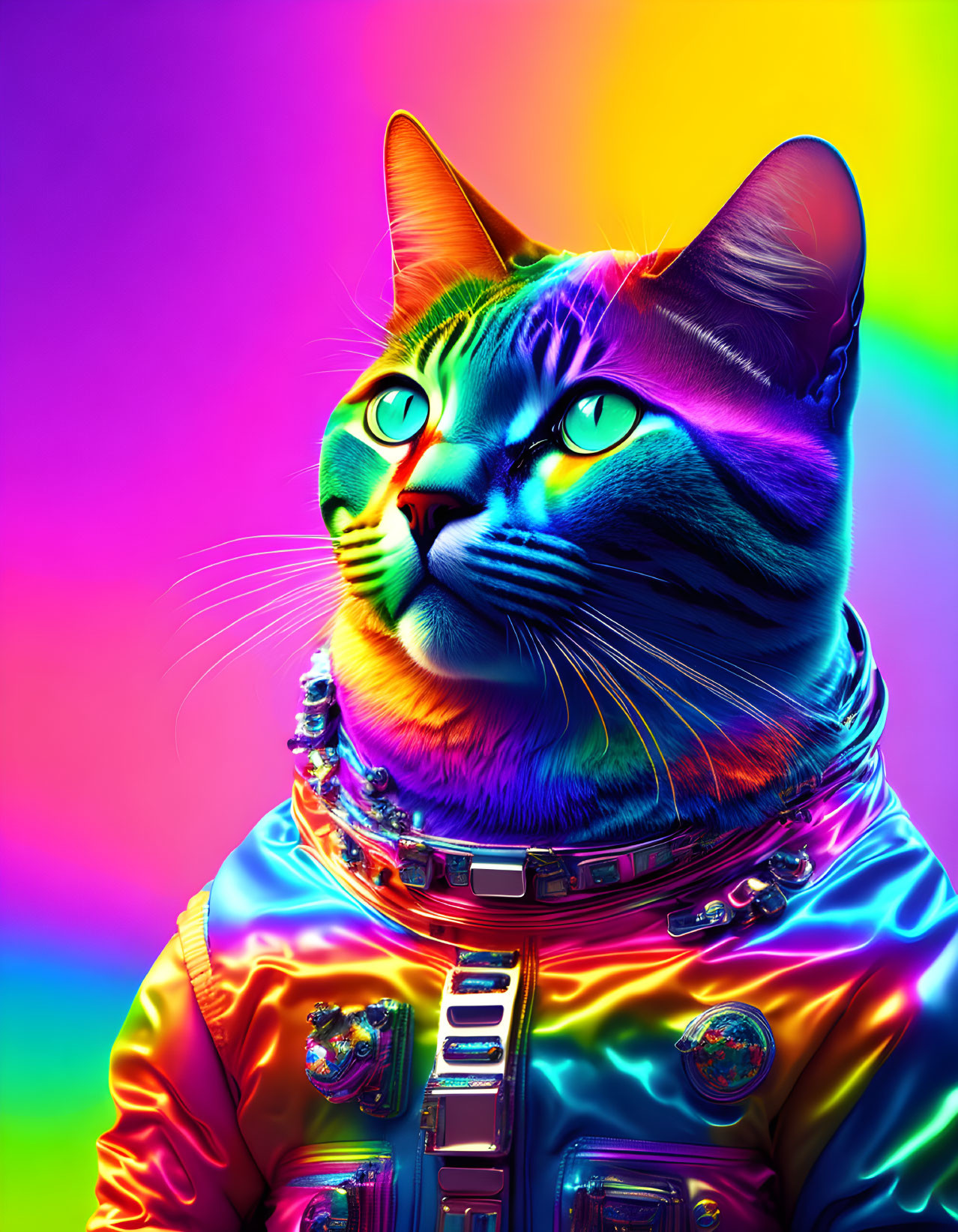 Colorful Cat in Astronaut Suit on Rainbow Background