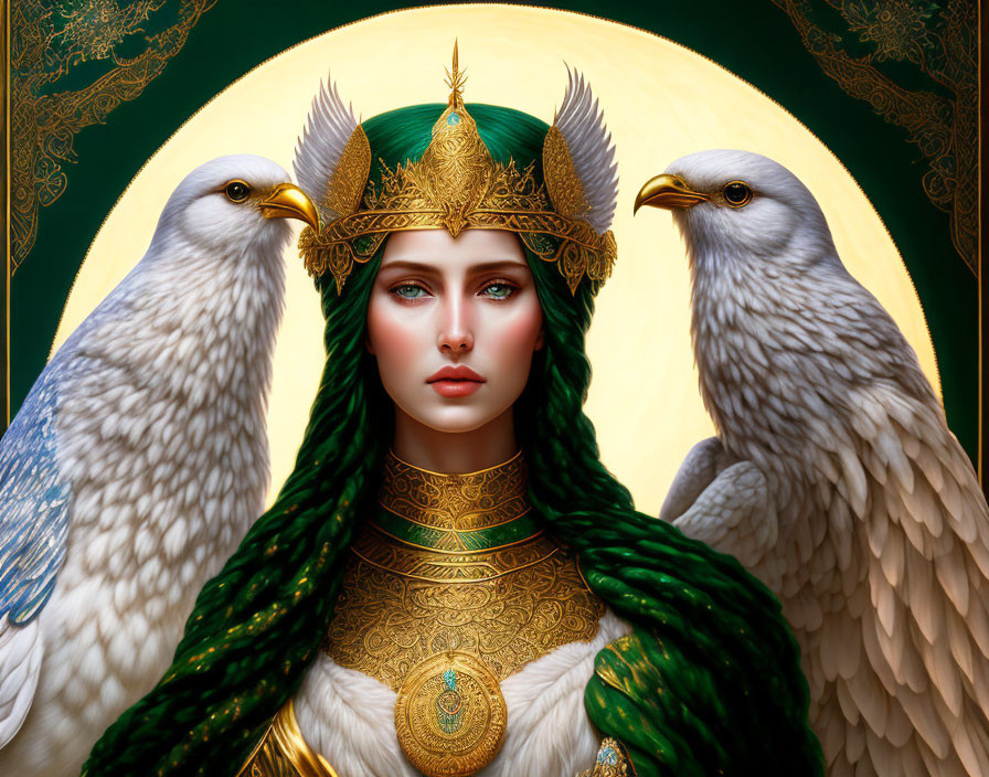 Fantasy illustration of woman with green braided hair, golden crown, and majestic white eagles against