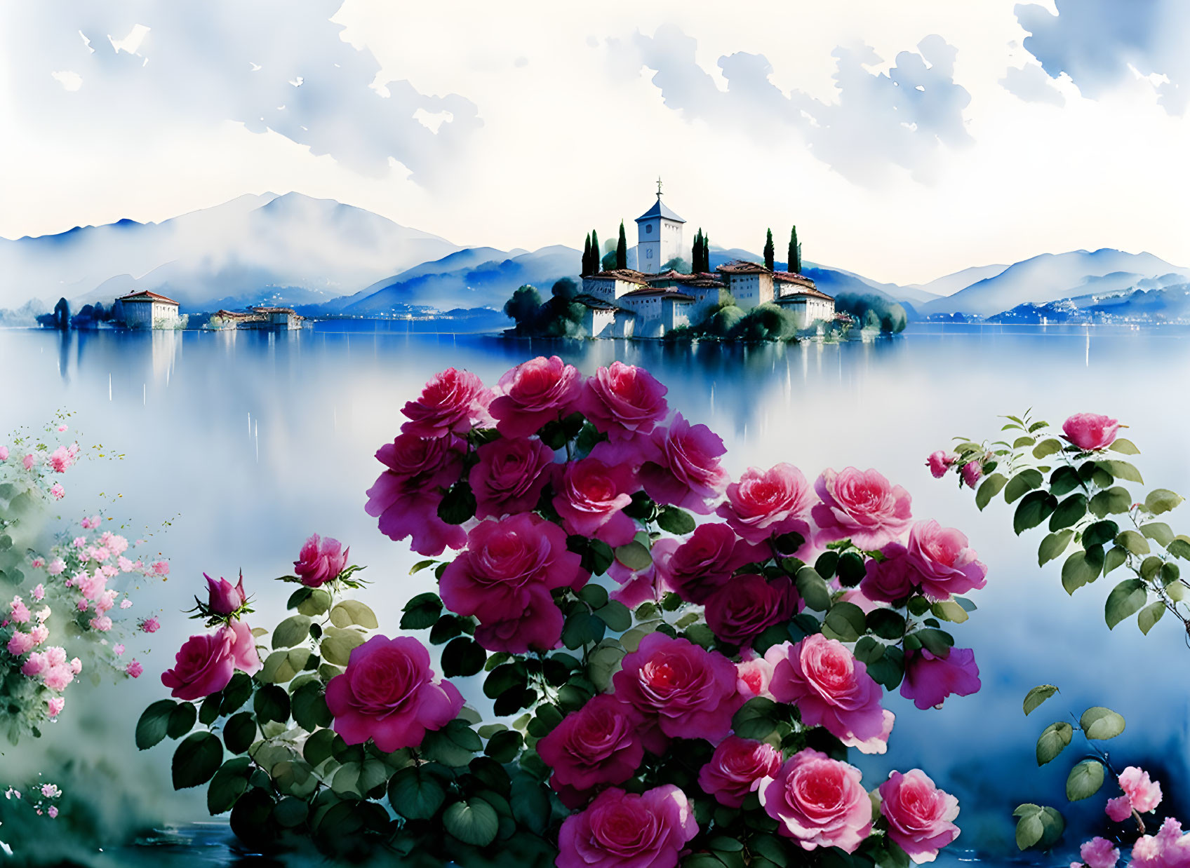 Scenic lakeside view with island church, mountains, and pink roses