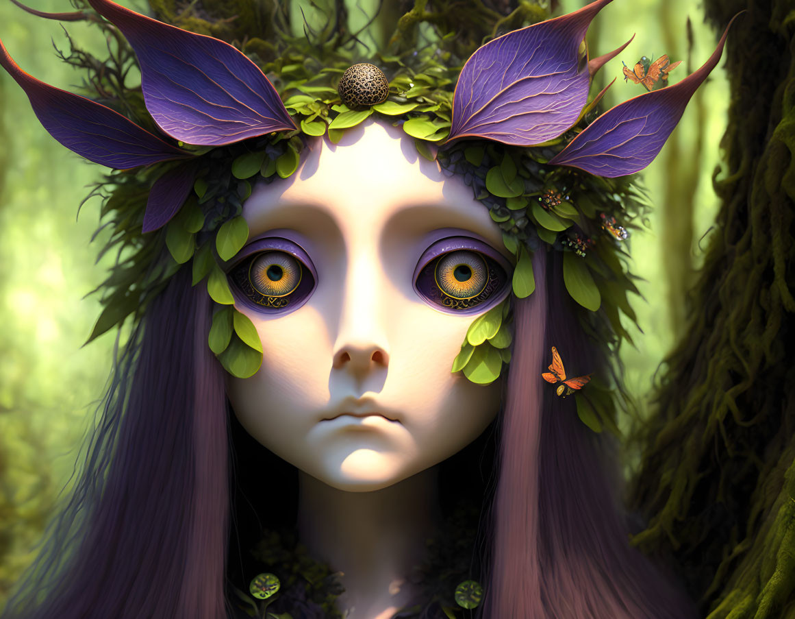 Purple-haired fantasy character with yellow eyes and unique headdress in mystical forest.