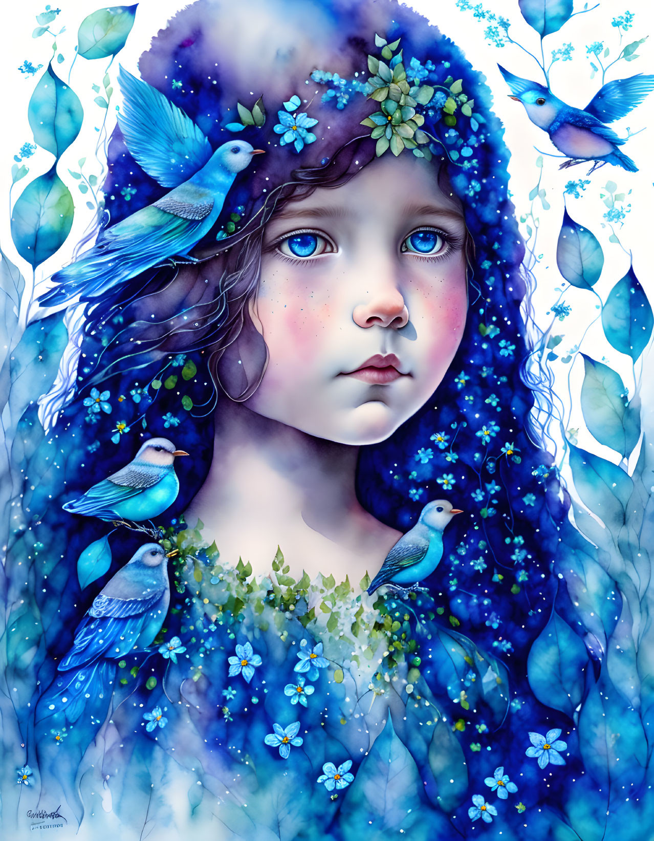 Illustration of young girl with blue eyes and birds in shades of blue