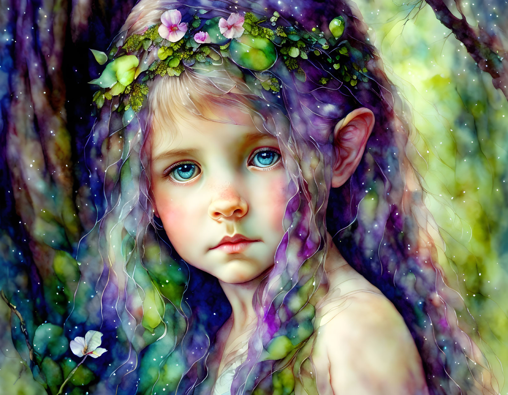 Digital artwork: Young girl with elfin features, blue eyes, purple hair in enchanted forest.