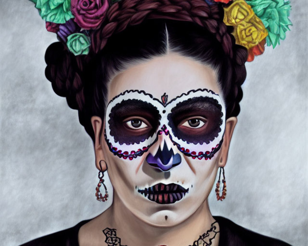 Person with skull face paint and floral crown, skull-themed makeup and red choker