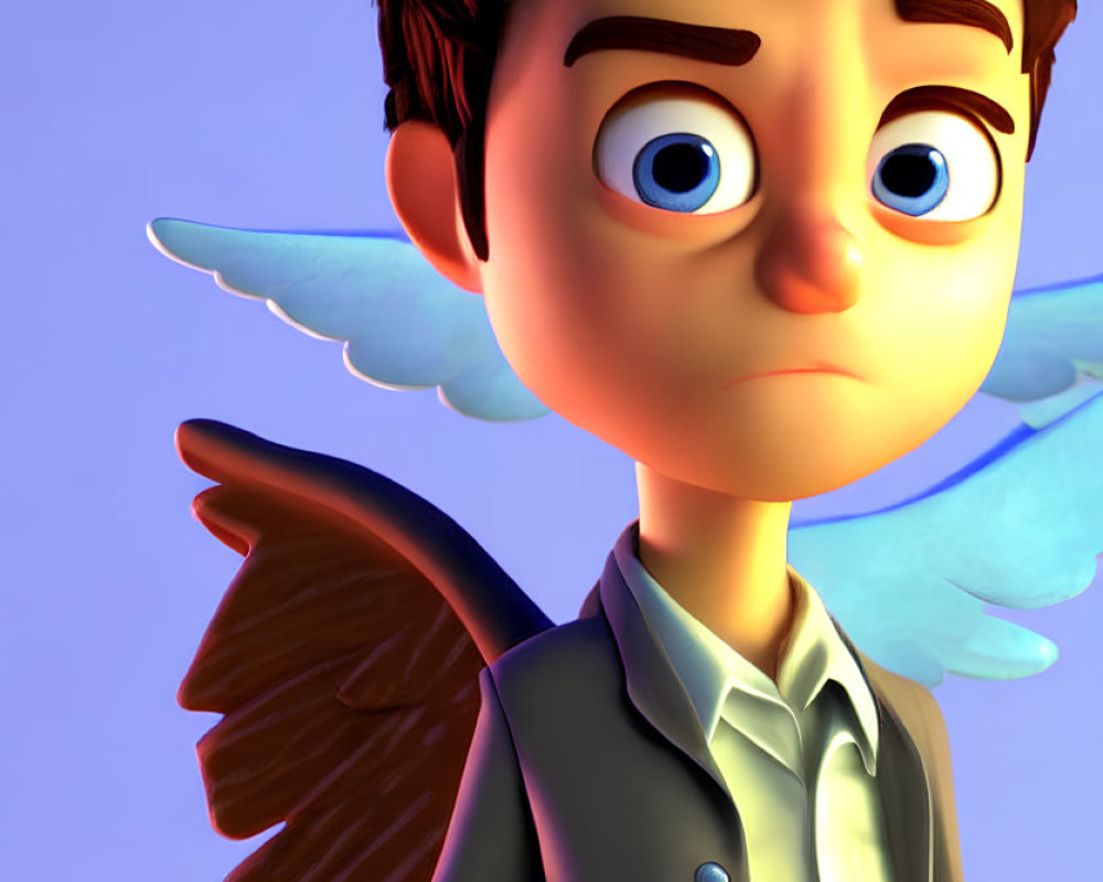 Spiky hair, blue wings, gray jacket, red belt character in 3D animation