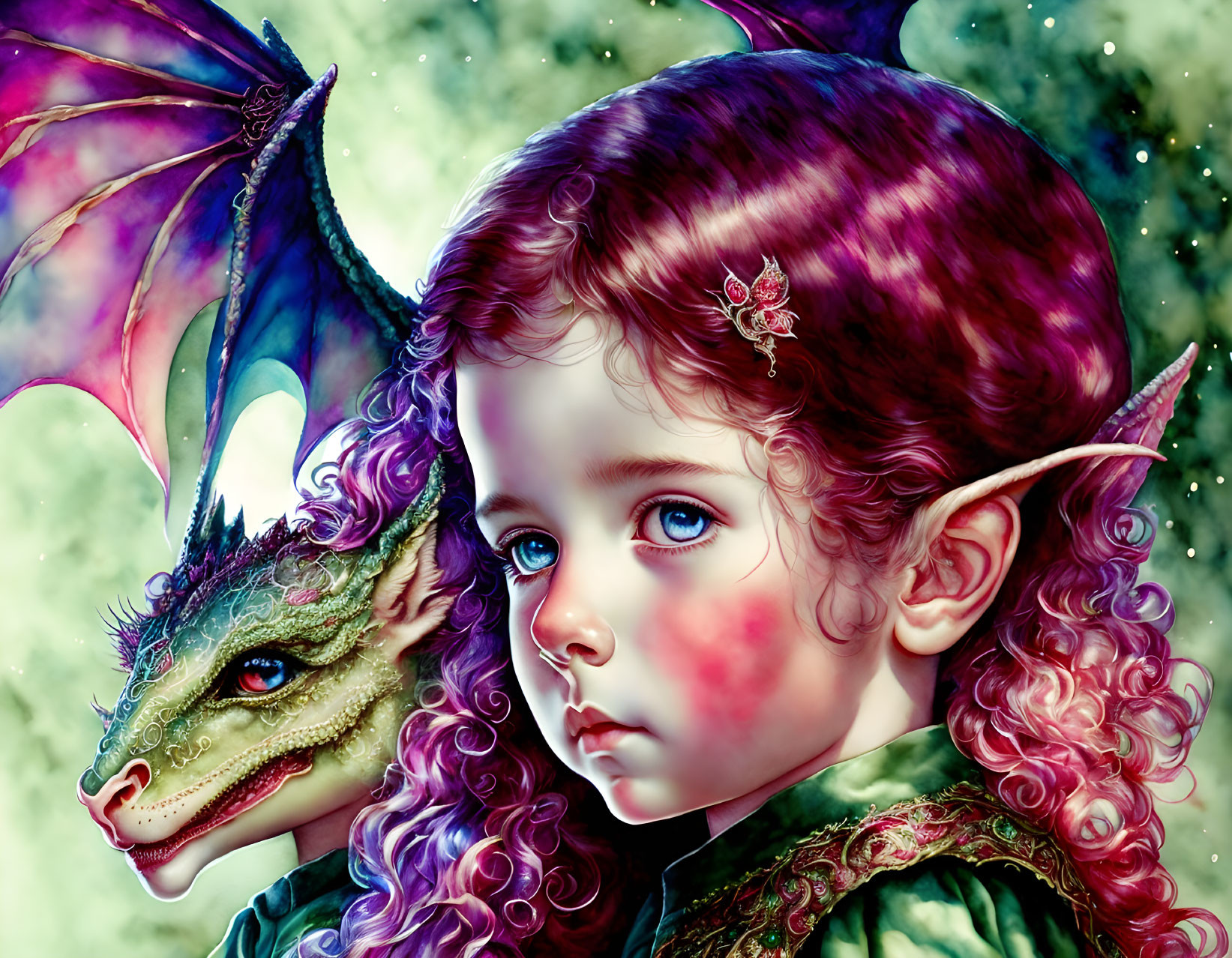 Fantasy illustration of young girl with elfin ears and curly hair next to green dragon