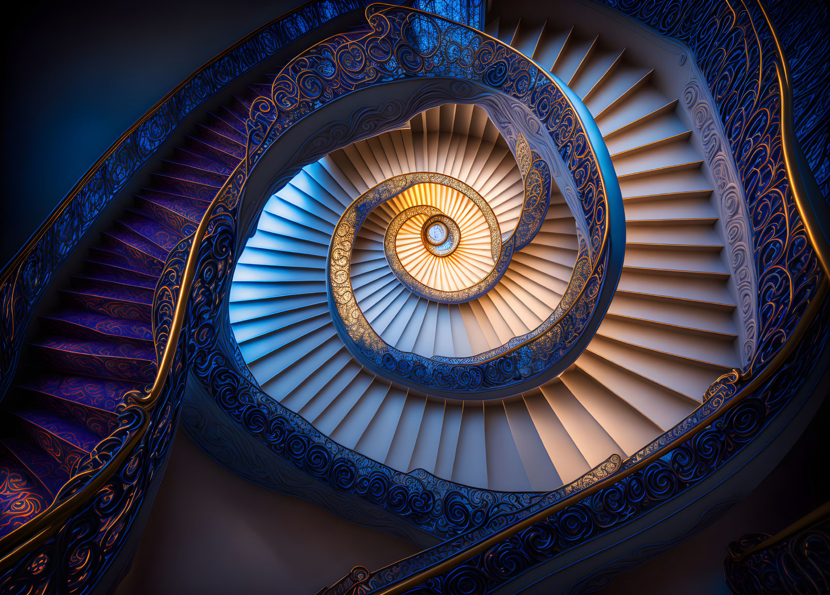 Ornate balustrades spiral staircase view from bottom to top