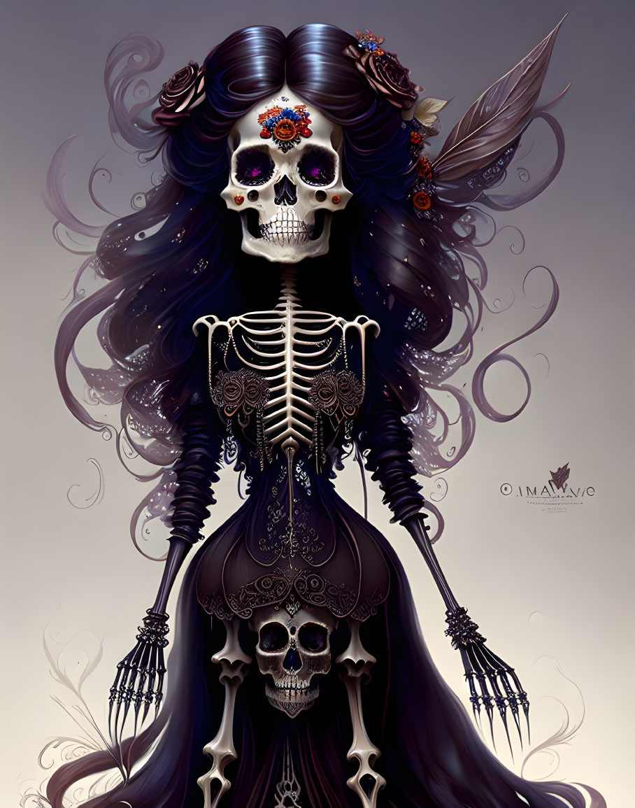 Illustration of skeleton with intricate hair and floral details on Dia de los Muertos theme.