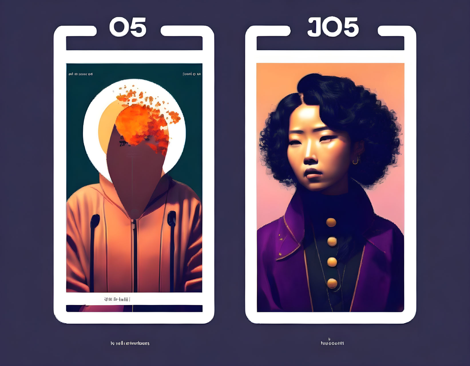 Stylized graphic cards: Hoodie figure & curly-haired woman portraits