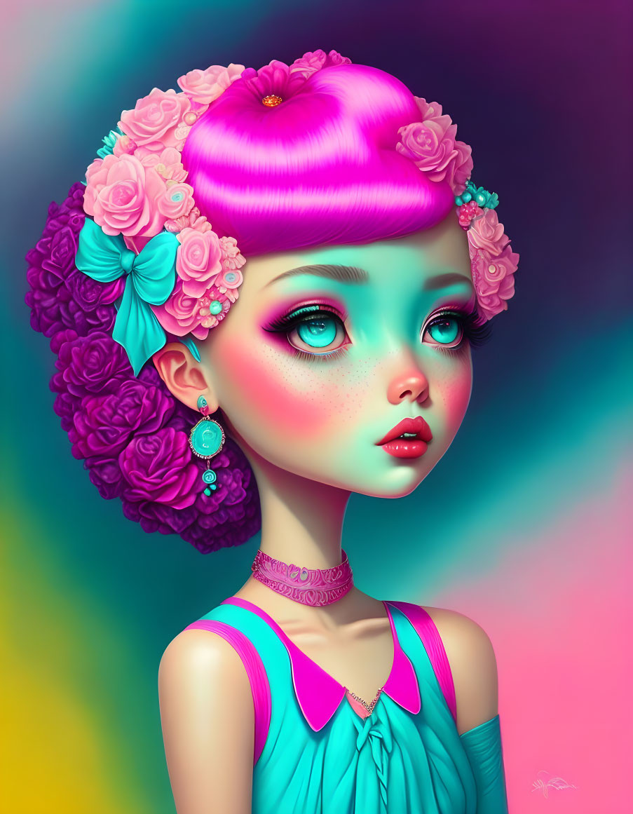 Colorful illustration of girl with large eyes and pink beehive hair and flowers on rainbow backdrop