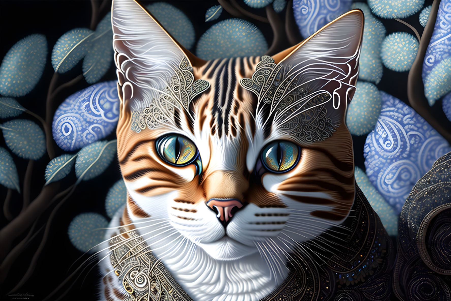 Elaborately patterned cat artwork on blue decorative background