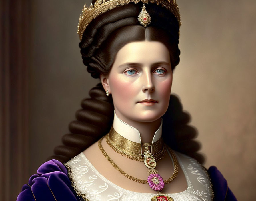 Woman in Royal Attire with Blue Eyes and Gold Tiara