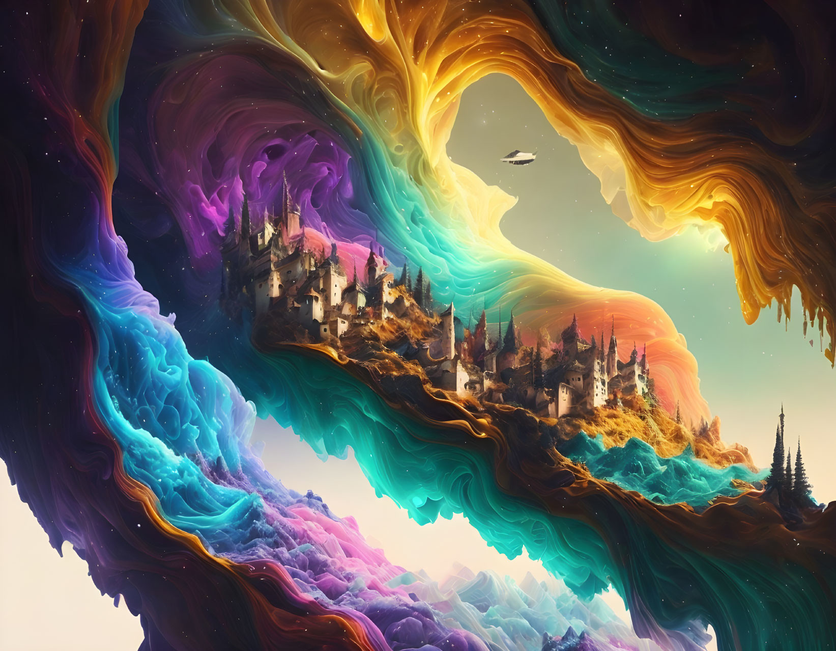 Colorful Cosmic Landscape Featuring Fantasy Village and Flying Object