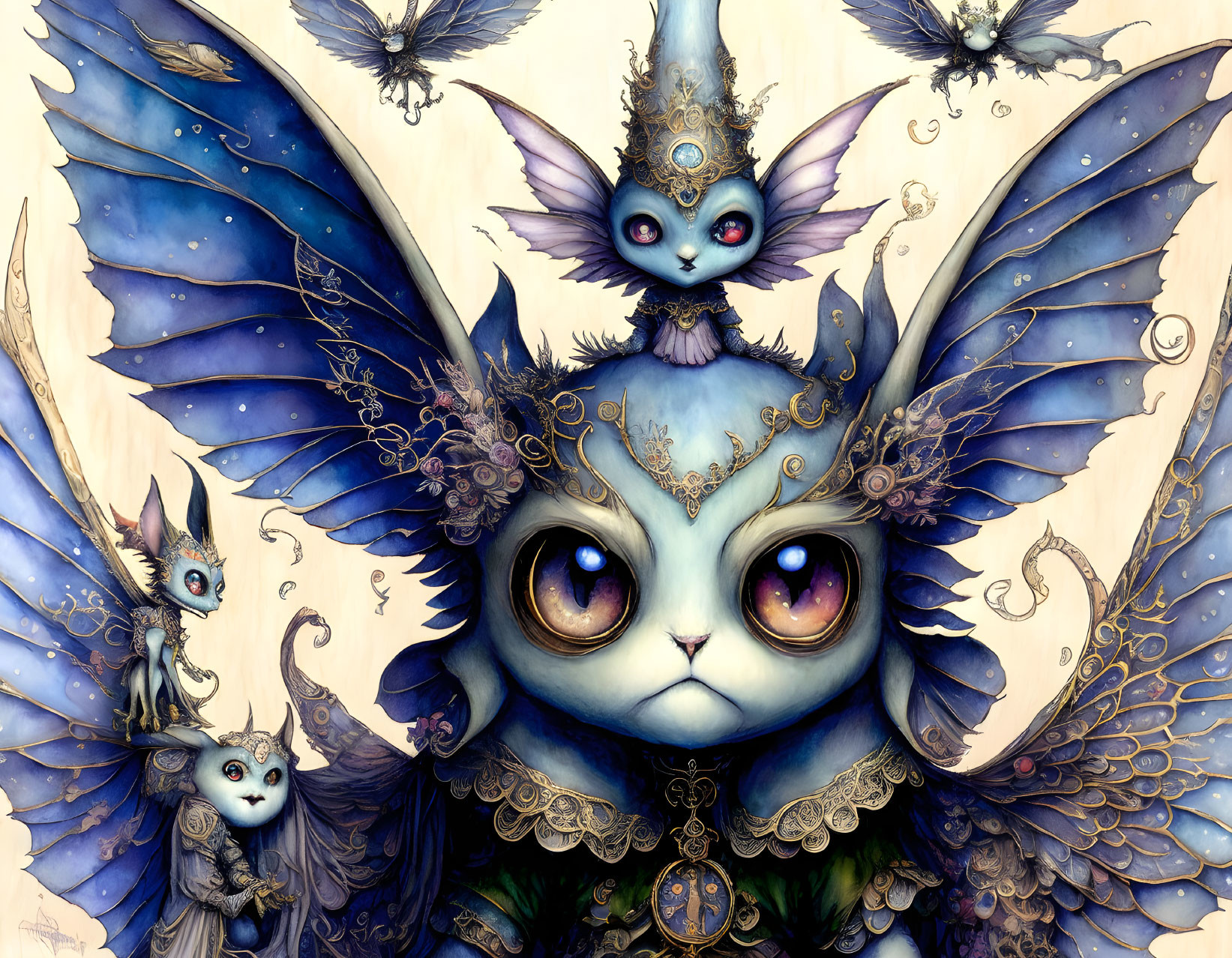 Fantastical creatures with large, soulful eyes and ornate wings