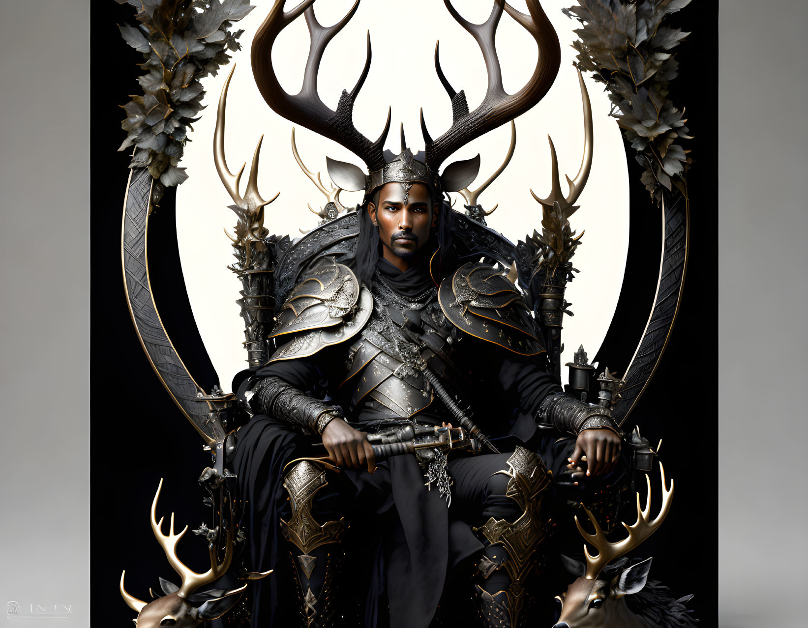 Regal figure in dark armor on antler-adorned throne