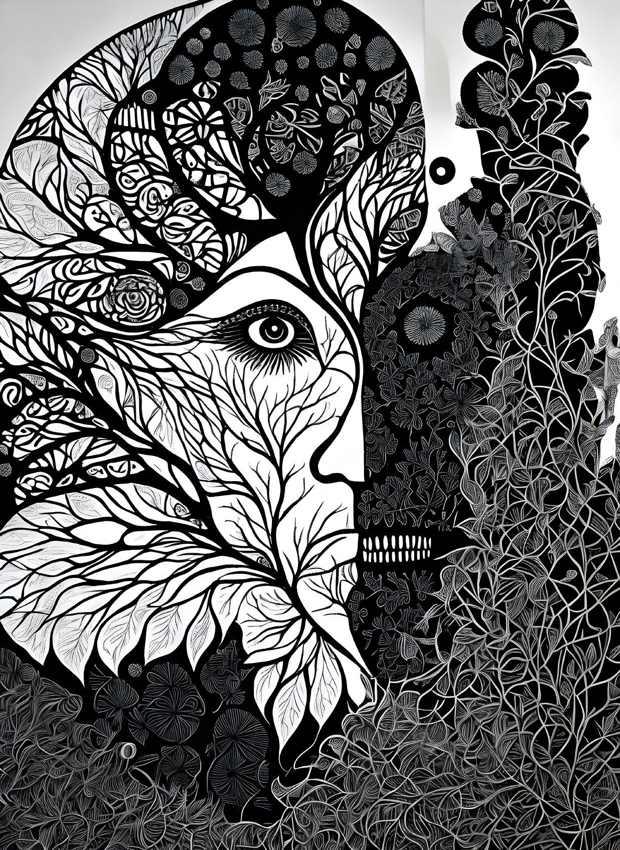 Monochromatic surreal face illustration with floral patterns