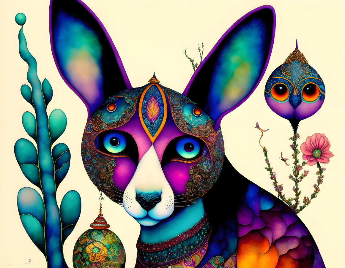 Vivid Rabbit and Owl Illustration with Colorful Patterns