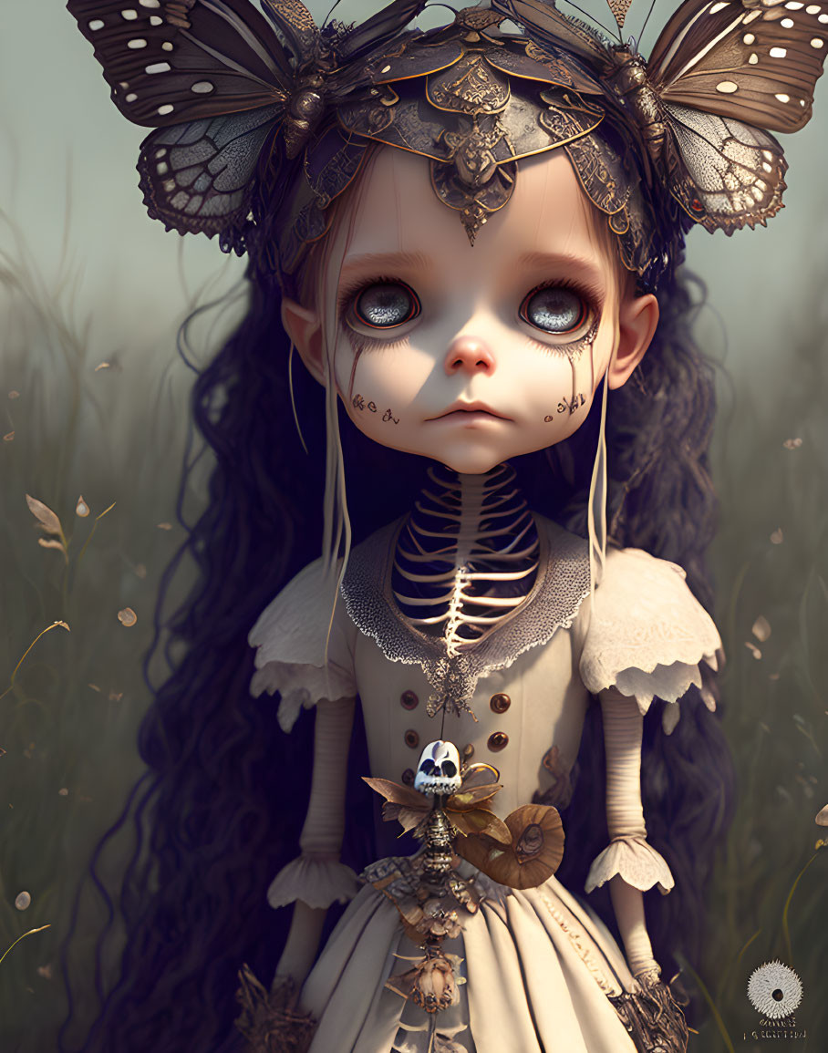 Digital Artwork: Doll-like Figure with Butterfly Wings and Skeleton Necklace