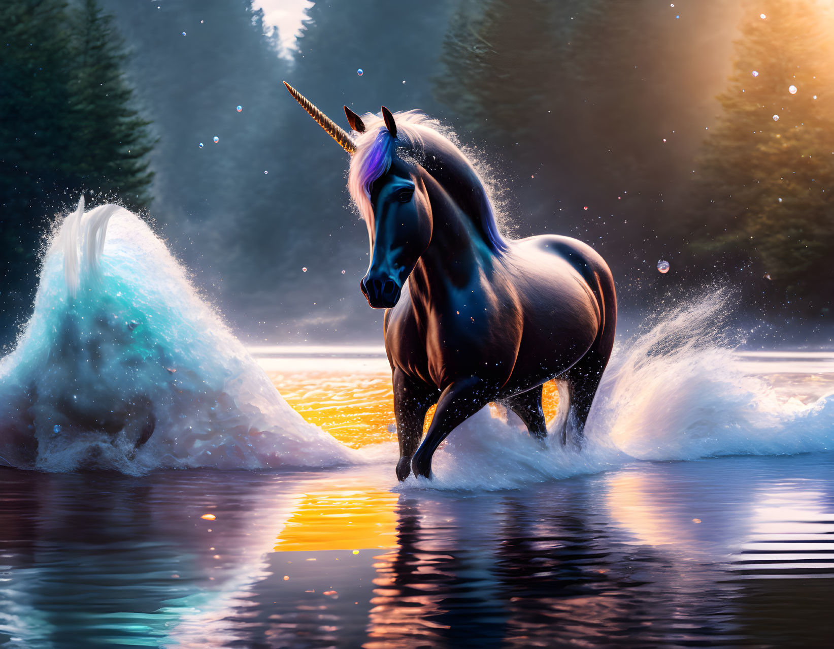 Majestic unicorn with shimmering horn in serene lake at sunset