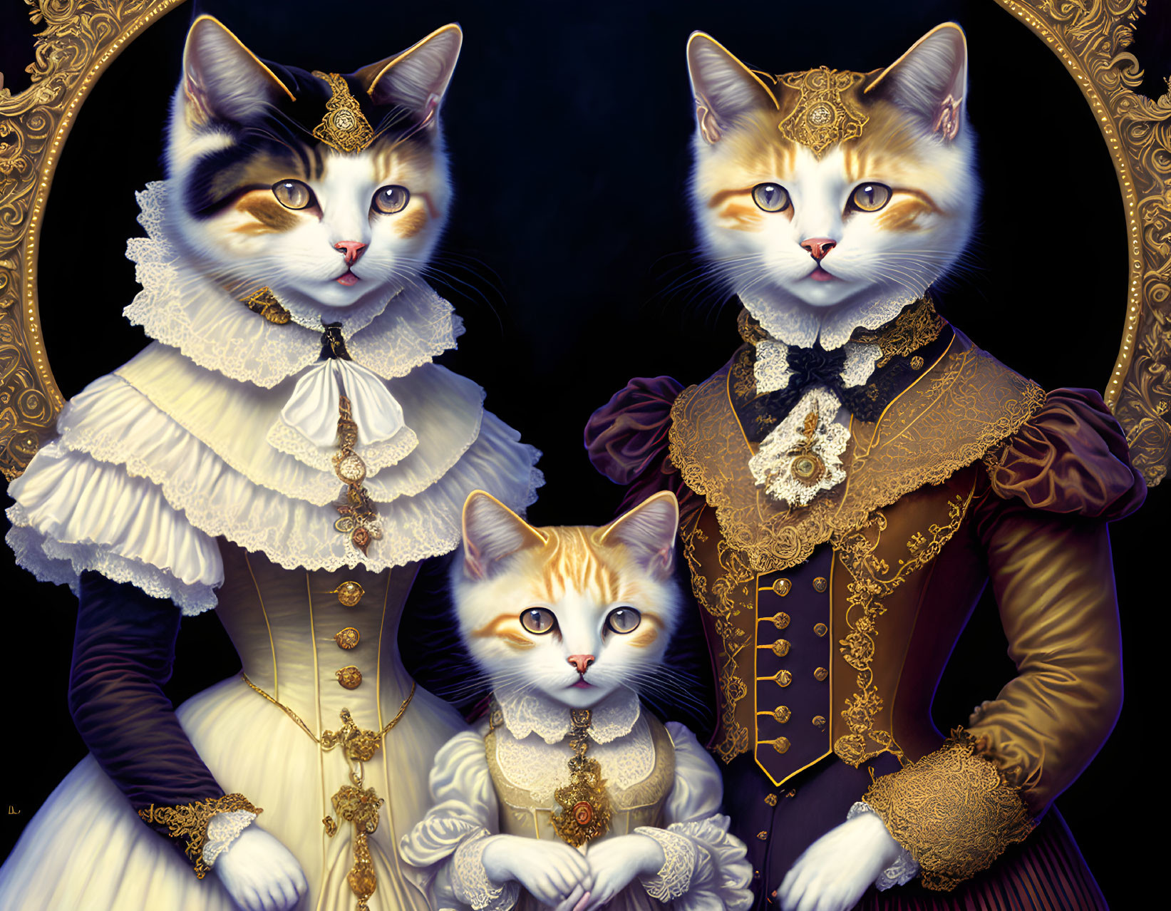 Anthropomorphized cats in vintage royal attire with gold details on dark background