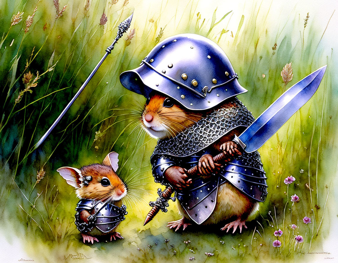 Medieval armor-clad anthropomorphic mice in grassy field