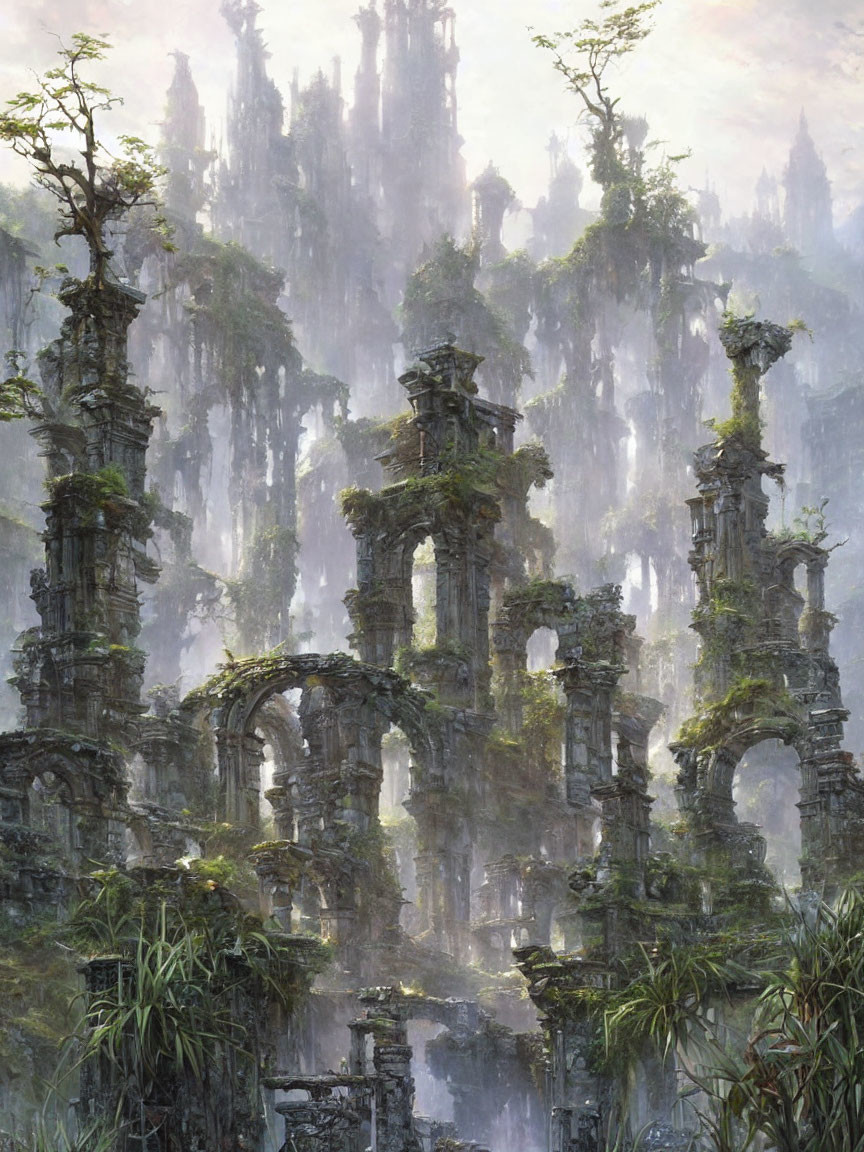 Ancient ruins in lush vegetation and fog with towering stone structures