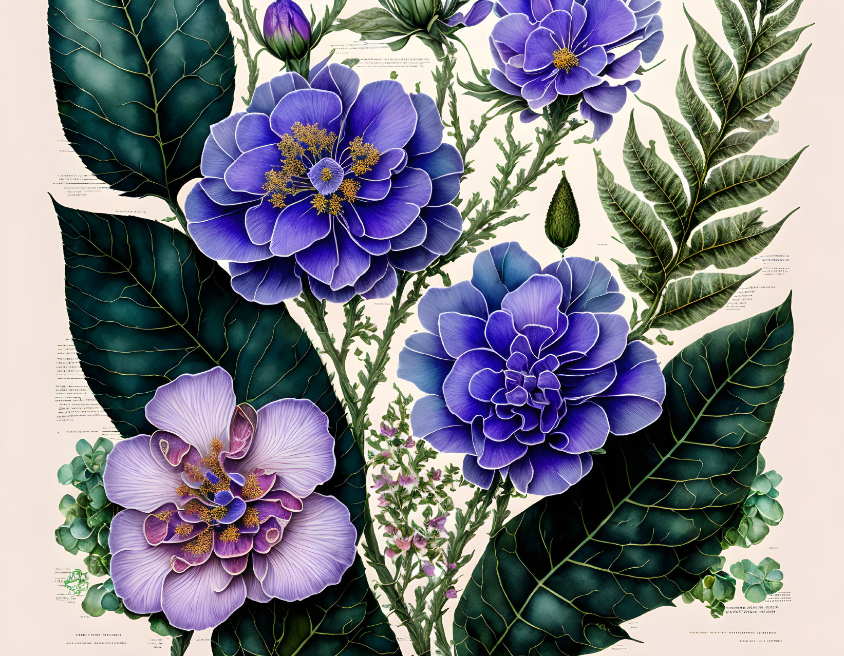 Detailed Botanical Illustration of Blue and Purple Flowers with Green Leaves and Scientific Annotations