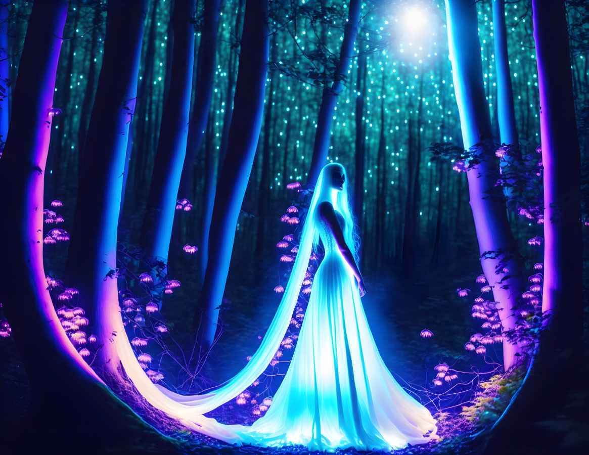 Surreal glowing figure in enchanted blue forest with illuminated mushrooms