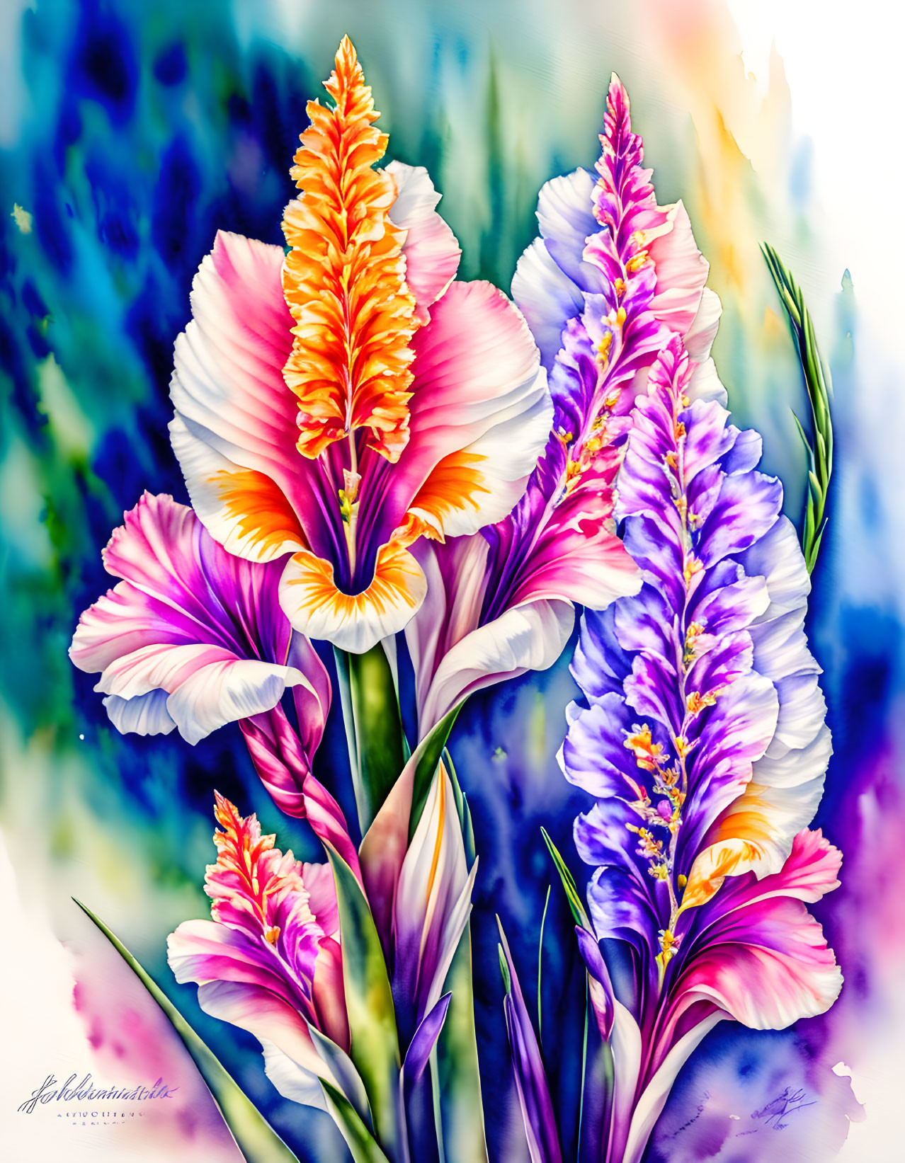 Colorful digital artwork: Gladiolus flowers in orange, pink, and purple