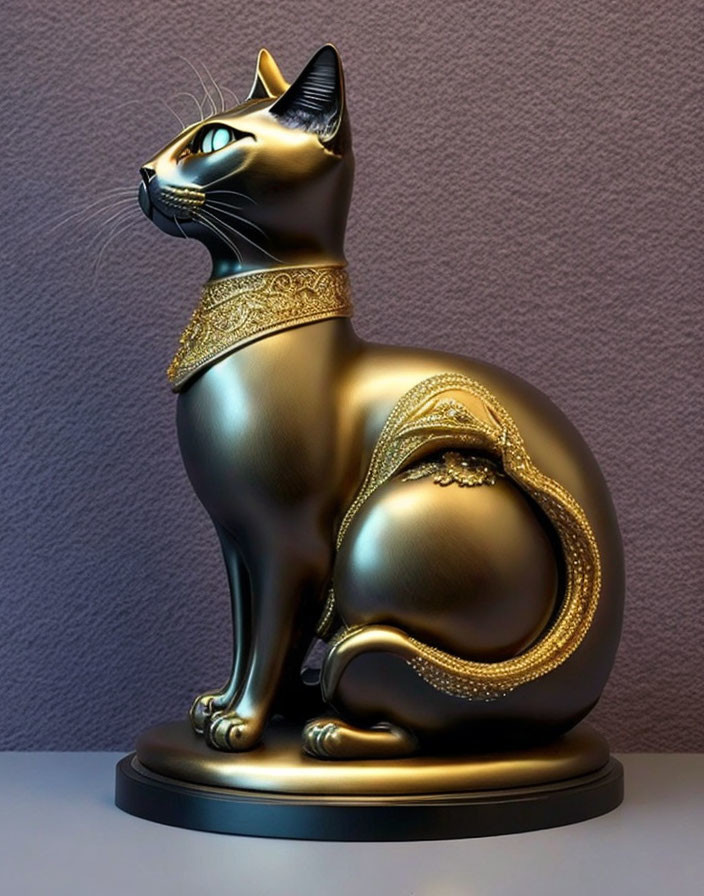 Black Seated Cat Figurine with Golden Egyptian Accents