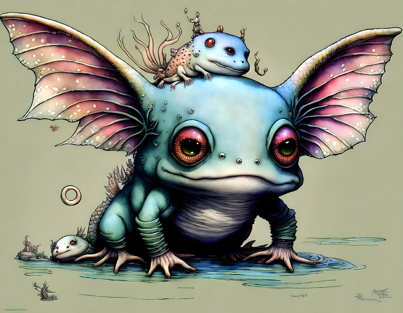 Colorful whimsical illustration of a blue frog with butterfly wings and smaller frogs on its head in shallow