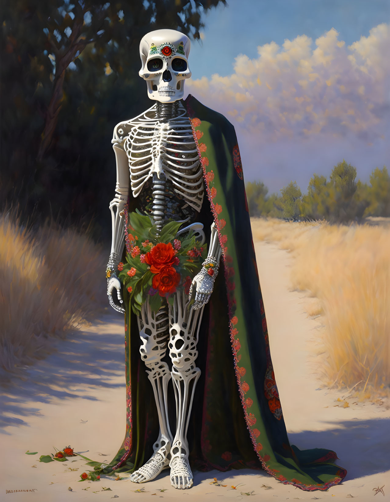 Skeleton with Flower Crown and Floral Cloak in Desert Holding Bouquet