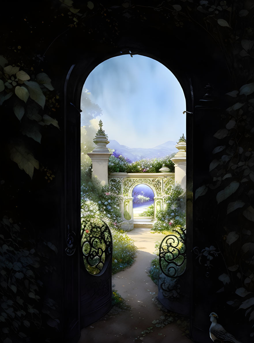 Ornate gate opening to lush garden with flowers, ivy, mountains, and clear sky