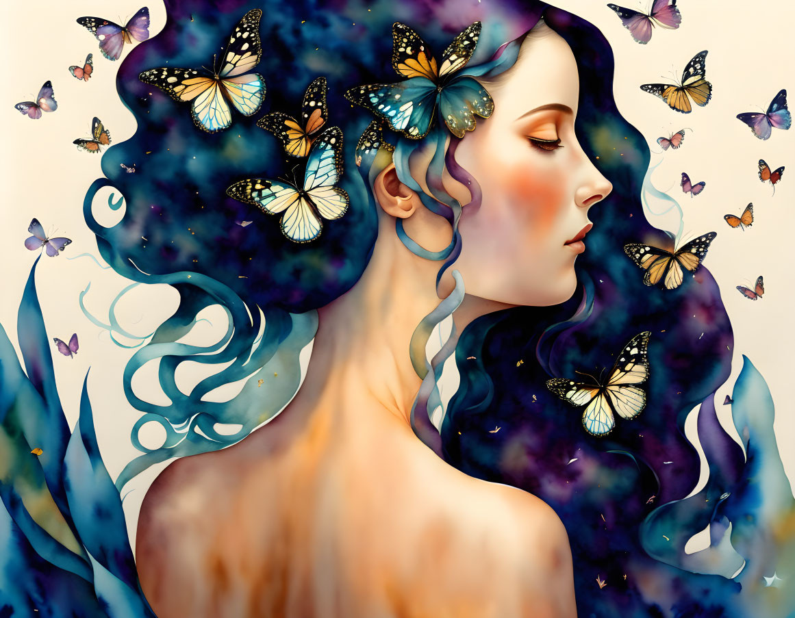 Surreal portrait of woman with galaxy-themed hair and butterflies on cream background