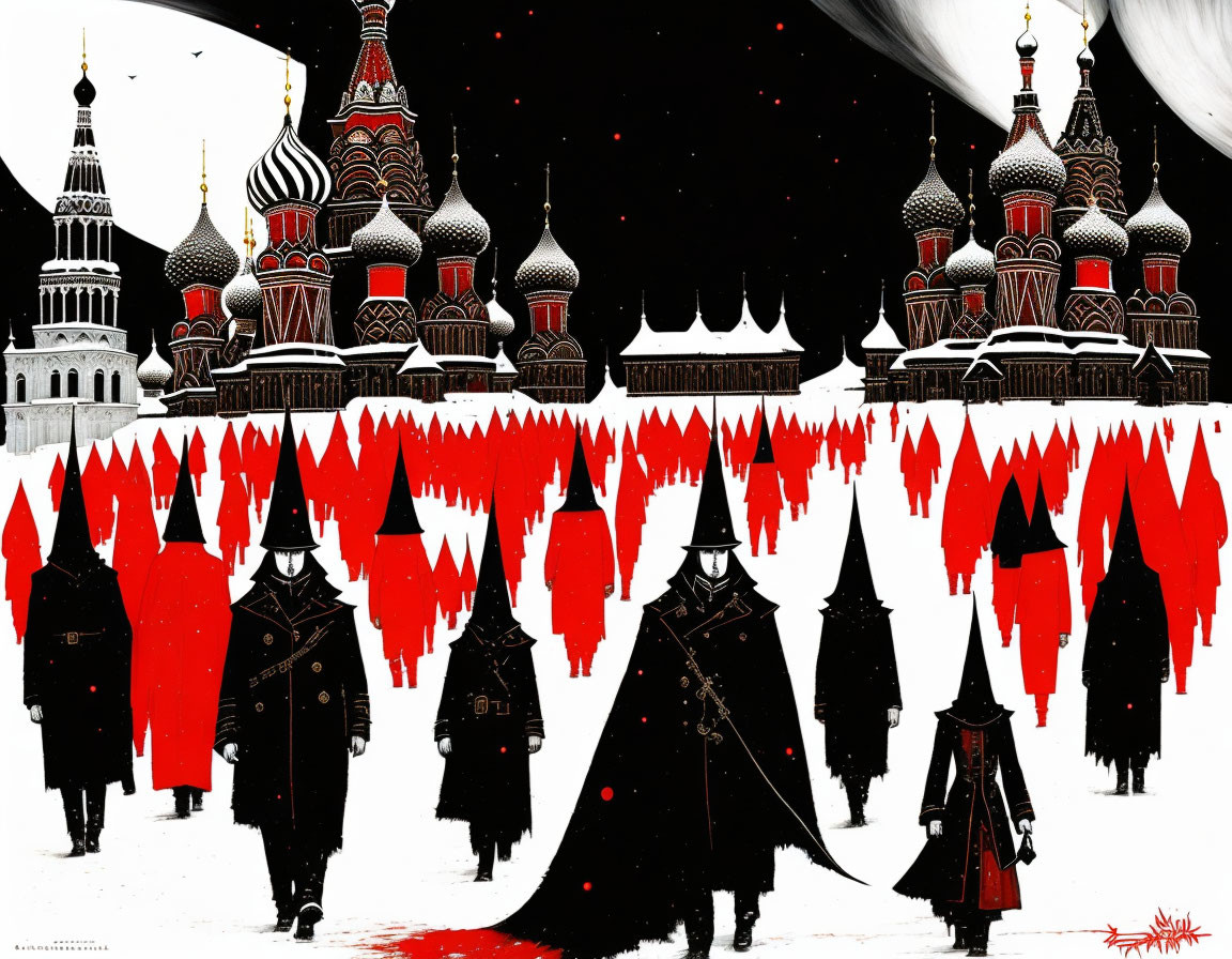 Red and Black Stylized Artwork of Figures in Front of St. Basil's Cathedral