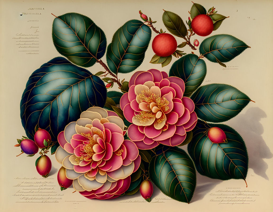 Botanical illustration of vibrant camellia flowers on yellow background